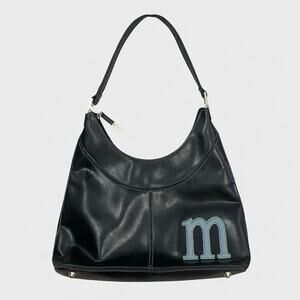 Black Vinyl Faux Leather Blue M Shoulder Bag